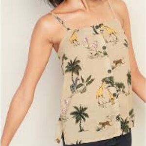 Old Navy Linen Safari Animals Tan Button Front Tank Top Size M Medium